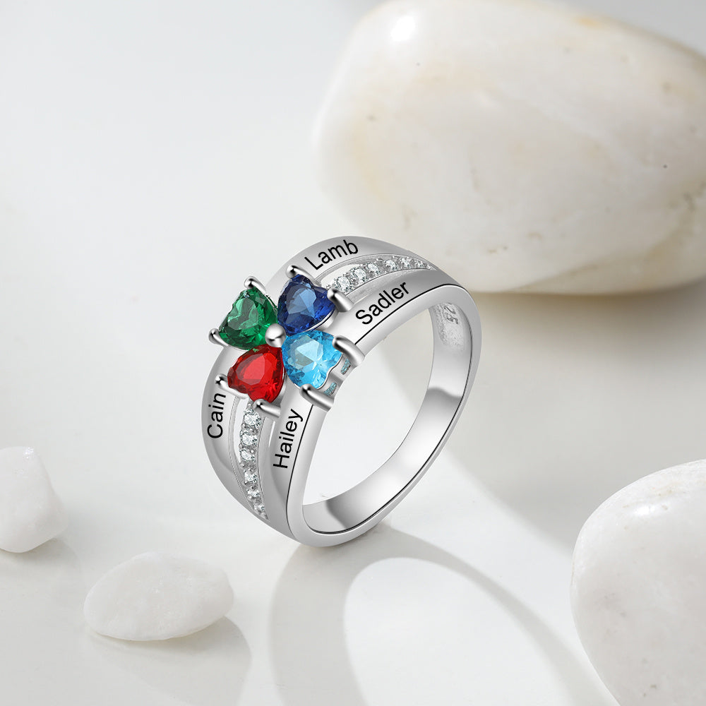 Custom Heart Birthstone Flower Ring for Mother