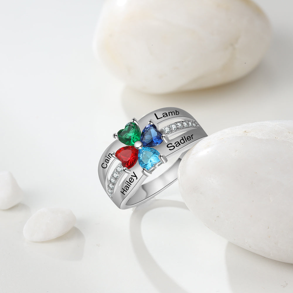 Custom Heart Birthstone Flower Ring for Mother