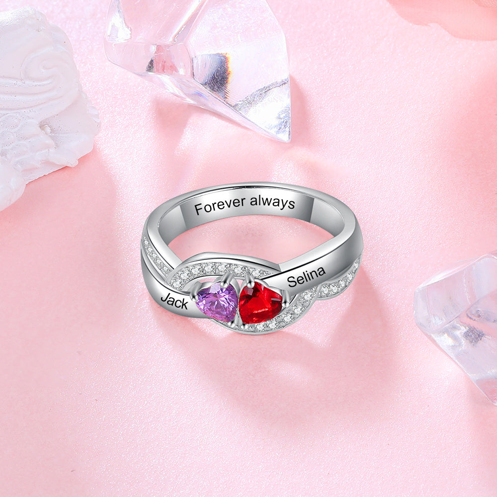 Sterling Silver Birthstone Ring with Engraved Names