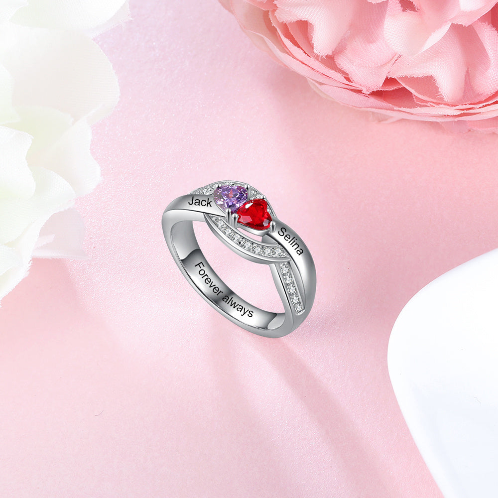 Sterling Silver Birthstone Ring with Engraved Names