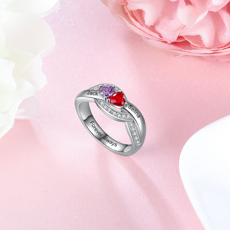 Sterling Silver Birthstone Ring with Engraved Names