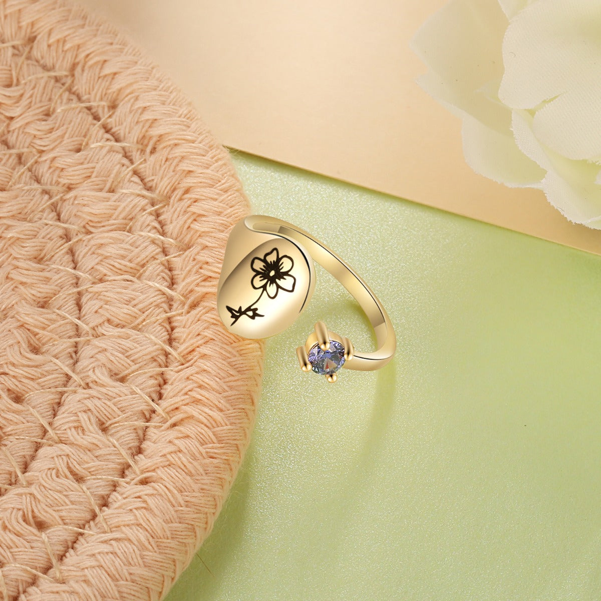 Custom Birthflower + Birthstone Ring