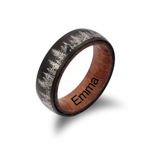 Engraved Forest Wood Couple Ring