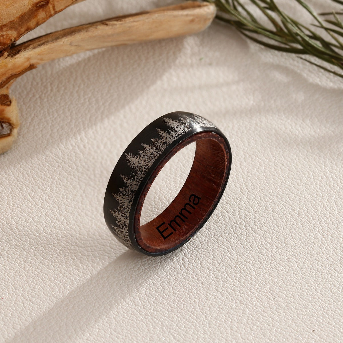 Engraved Forest Wood Couple Ring